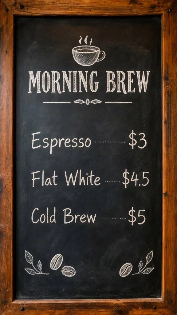 MOSS-Image Chalkboard menu, with the text “MORNING BREW”